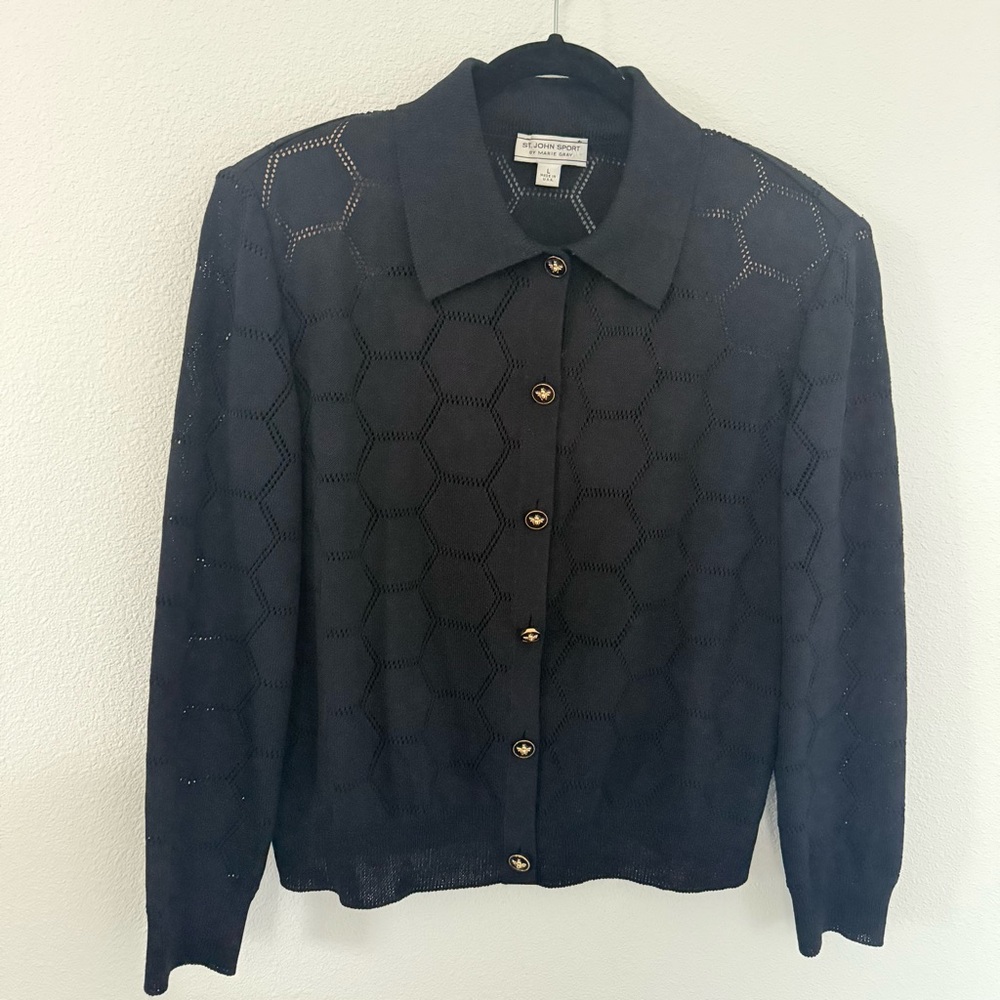 St. John Sport by Designer Marie Gray Open Knit Honeycomb Cardigan Bee Buttons L